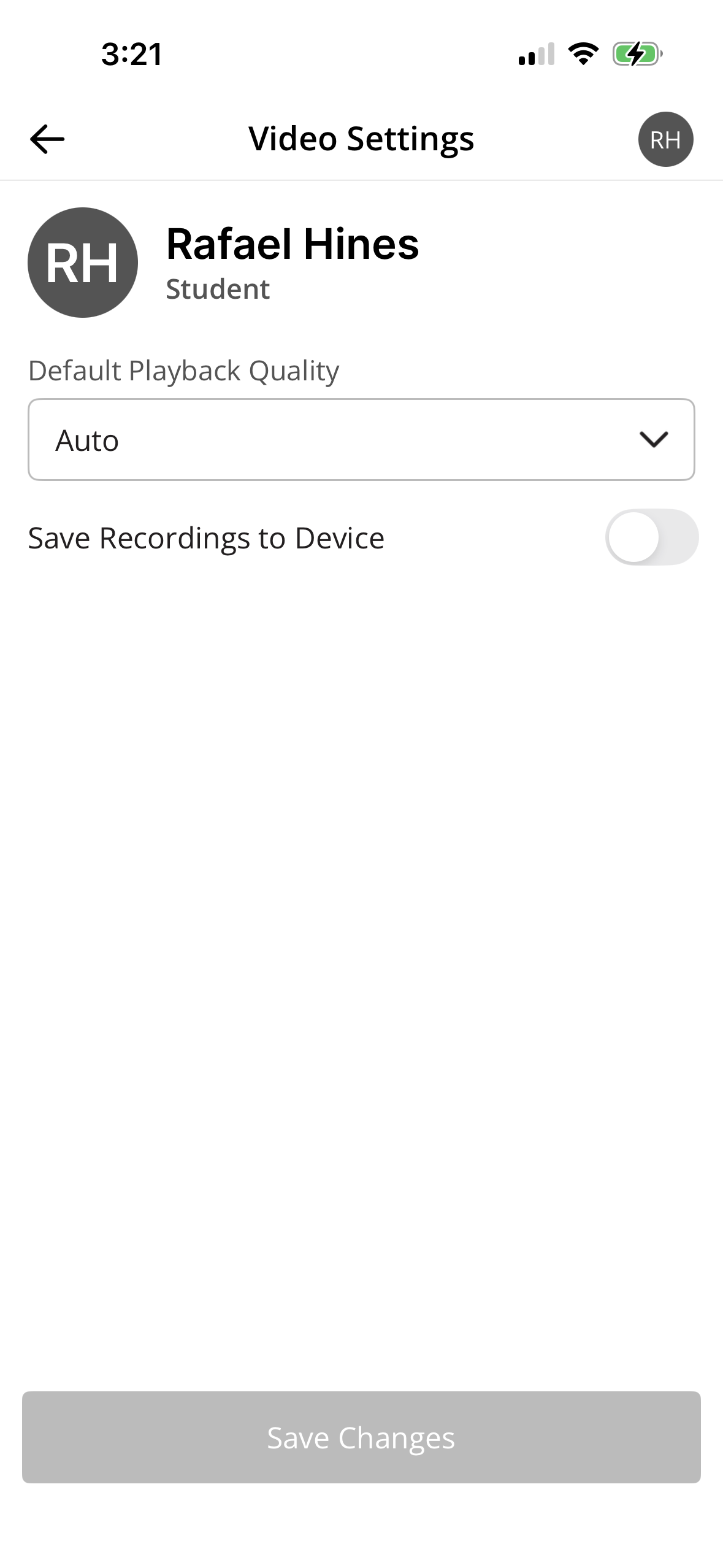 Video Settings screen showing the Default Playback Quality dropdown and Save Recordings to Device toggle as described