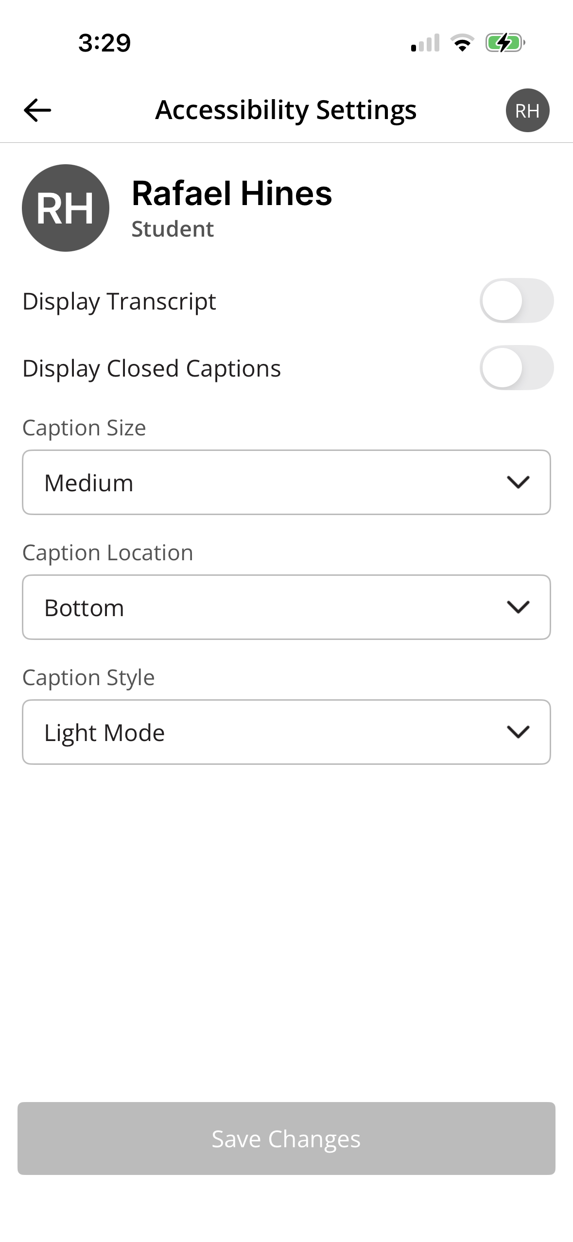 Accessibility Settings screen showing the Display Transcript and Display Closed Captions toggles, and Caption Size, Caption Location, and Caption Style dropdowns as described