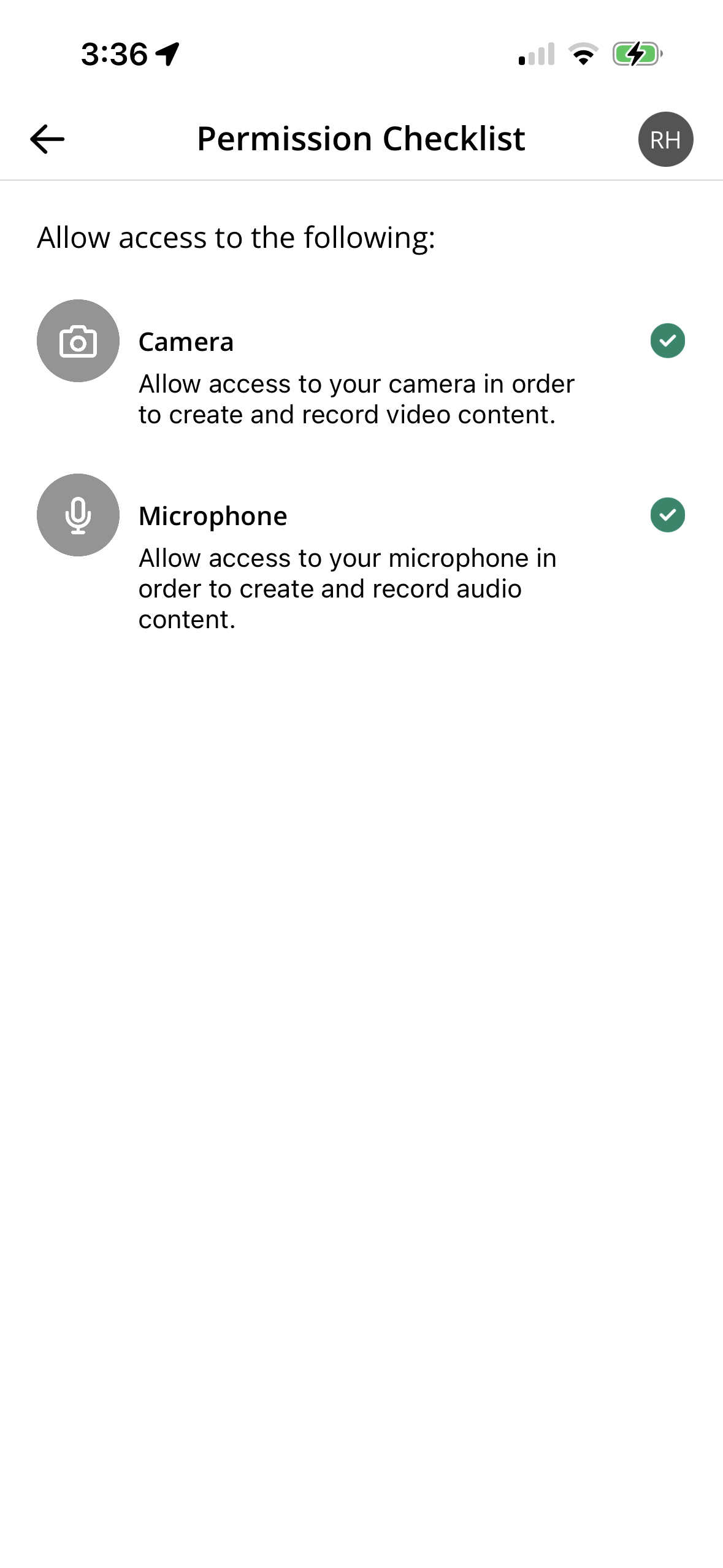 Permissions screen showing Camera and Microphone with permissions allowed as described
