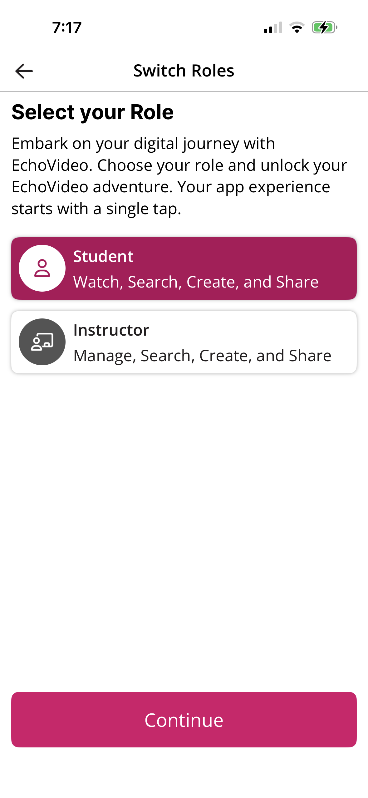 Switch Roles screen showing the switch from Instructor to Student and the Continue button active as described