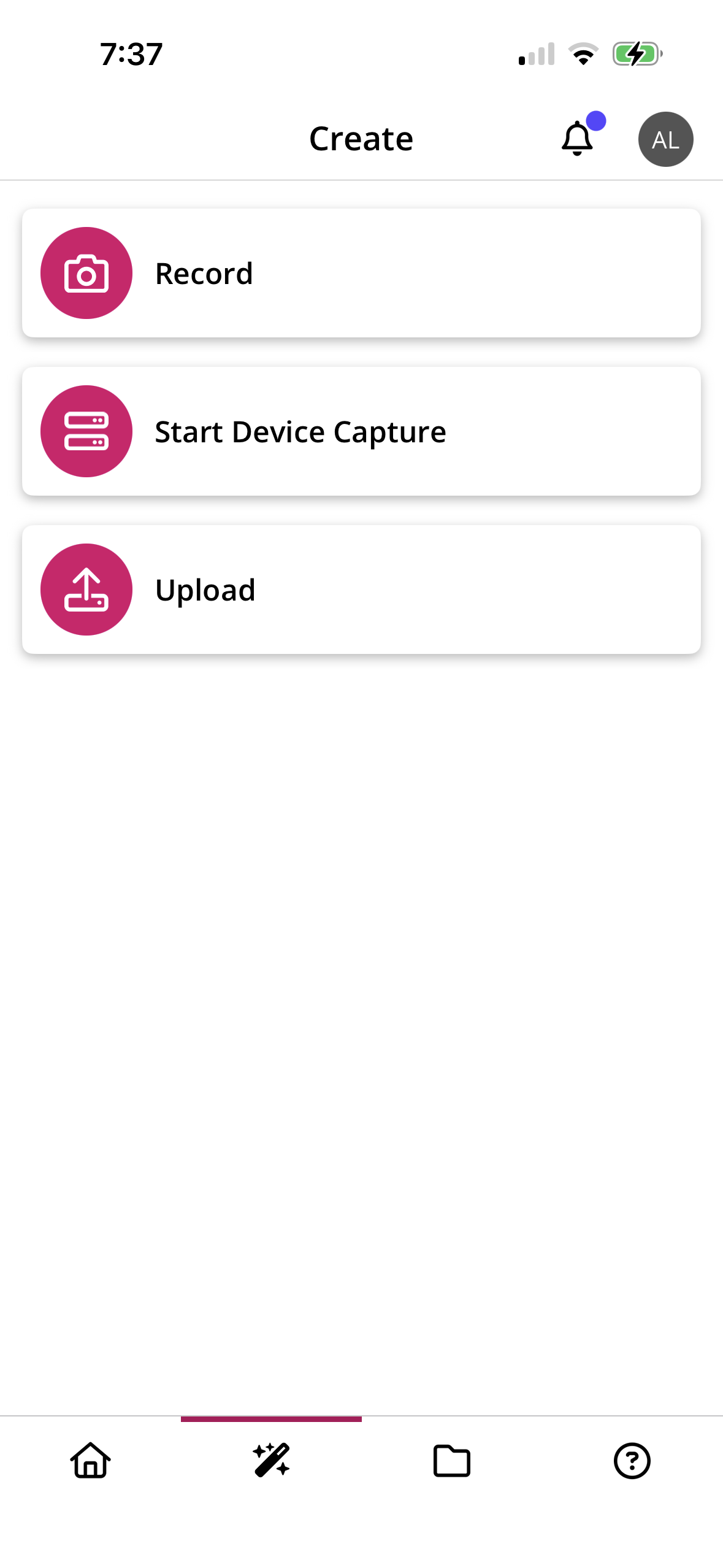 Create tab of the mobile app showing the Record, Start Device Capture, and Upload options for instructors