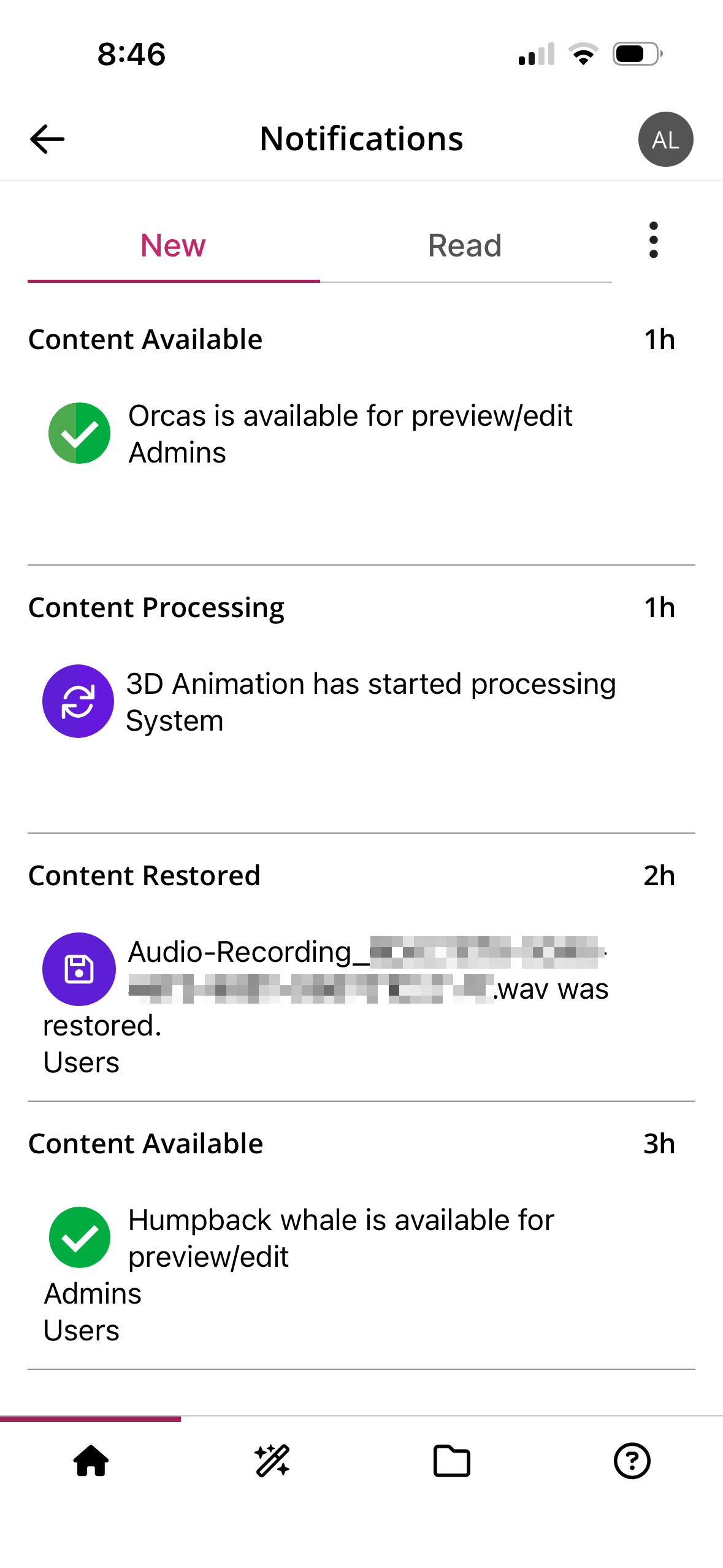 Notifications page of the mobile app with the New tab and multiple notifications displayed