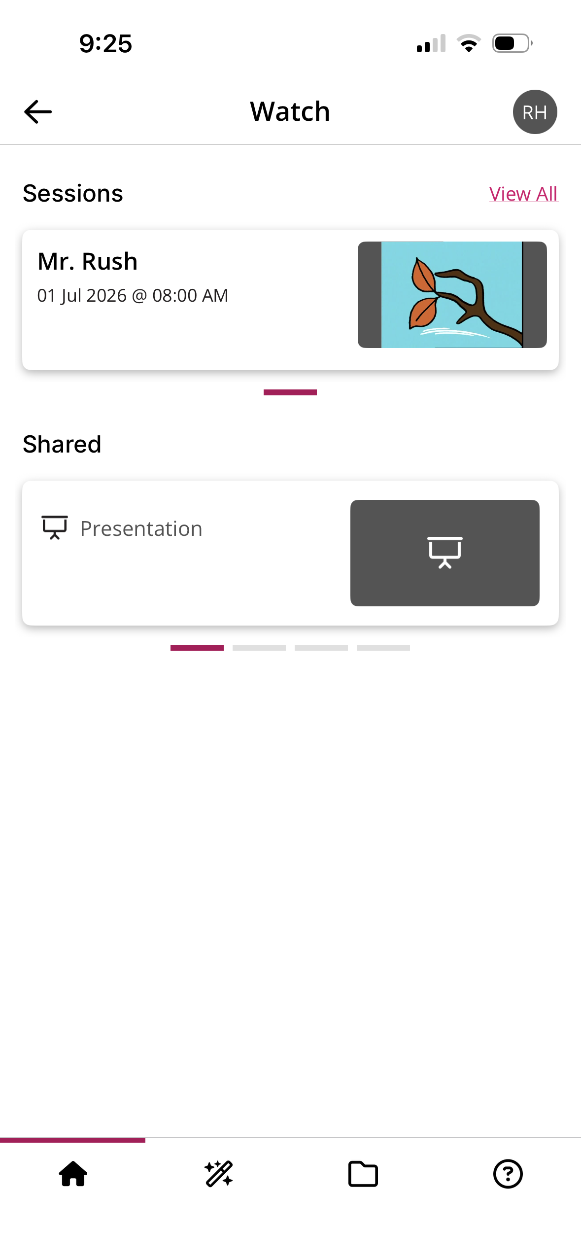 Watch option from the Home page with Sessions, View All, and Shared displayed as described