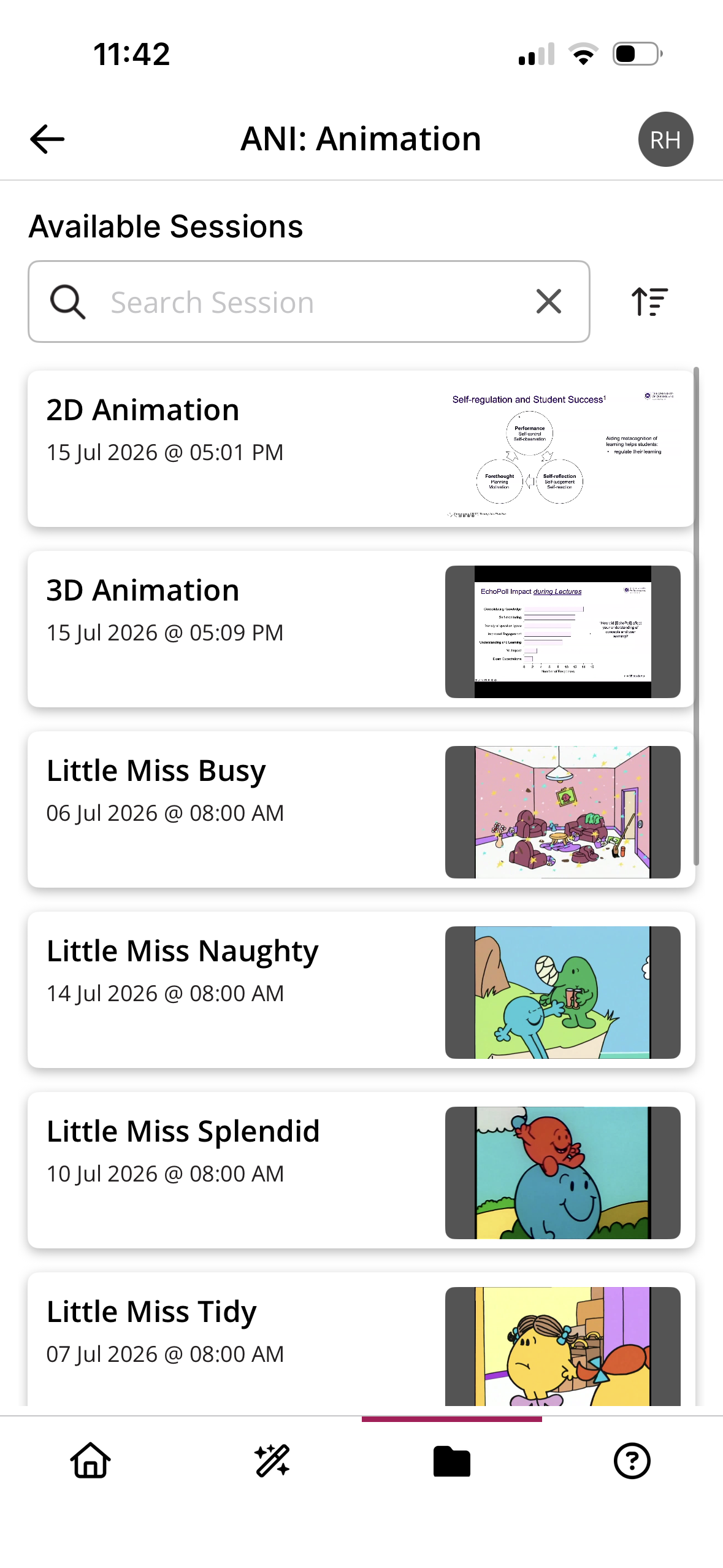 Available Sessions within a course with search and filter options displayed as described