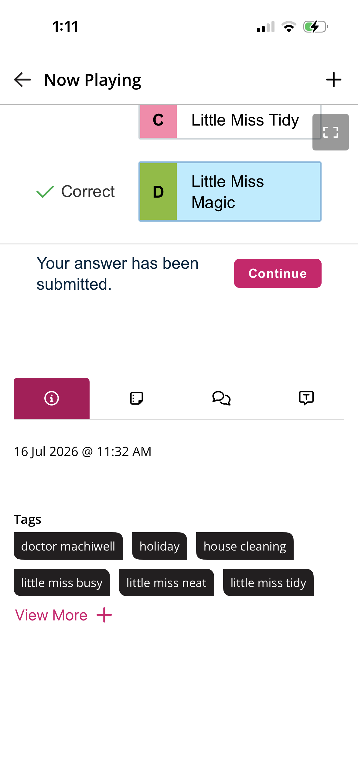 embedded poll screen after a response selection is submitted with Continue button shown as described