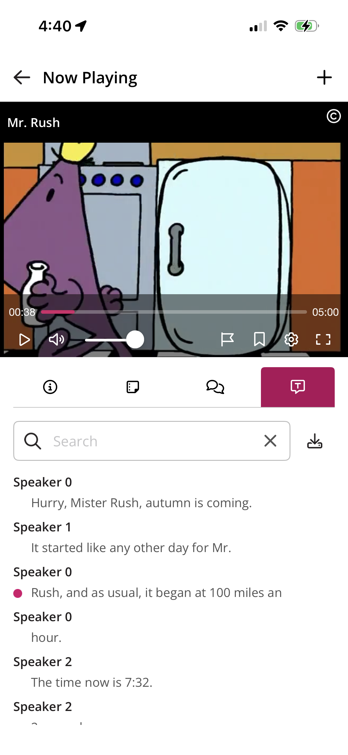Transcript tab for media with the location identified and a download button available