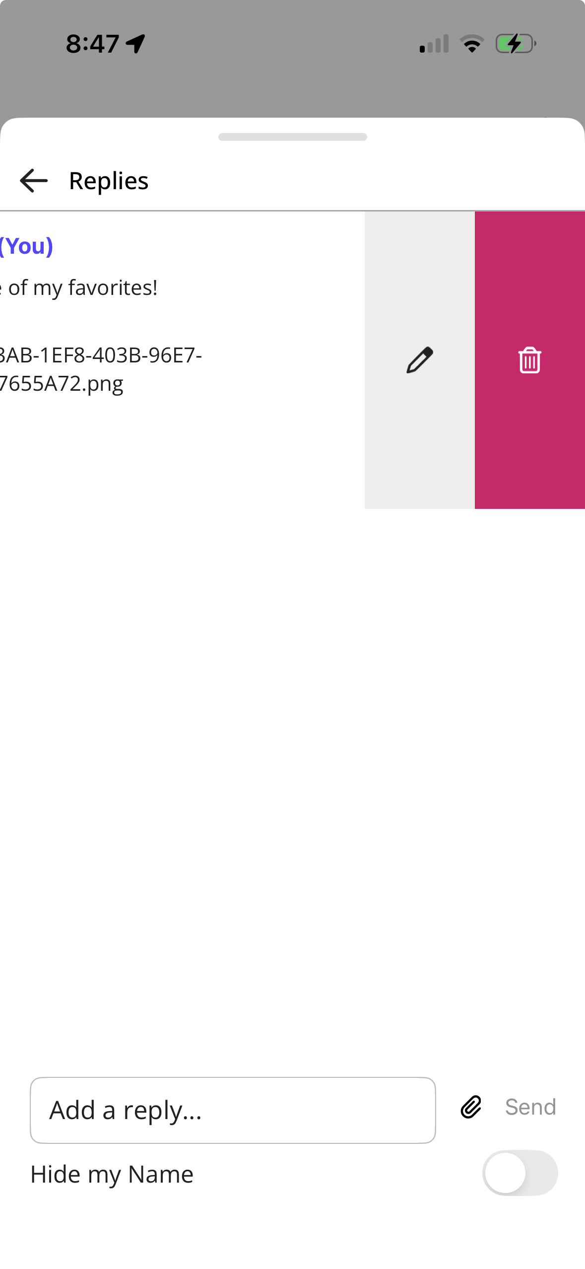 A reply that has been swiped left showing the Edit and Delete options as described