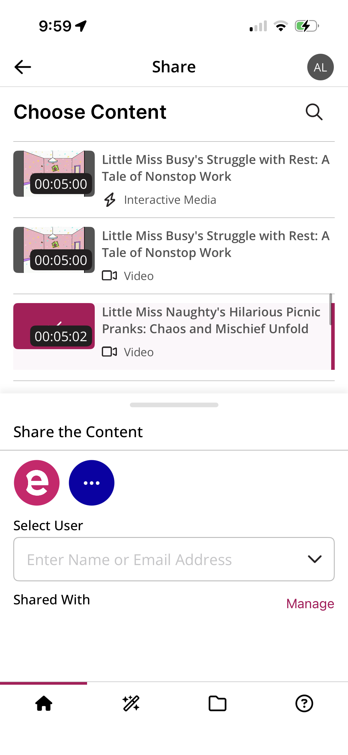 Share section of the Home Page showing media selected and the option to share with an EchoVideo user or your device's built-in sharing features as described