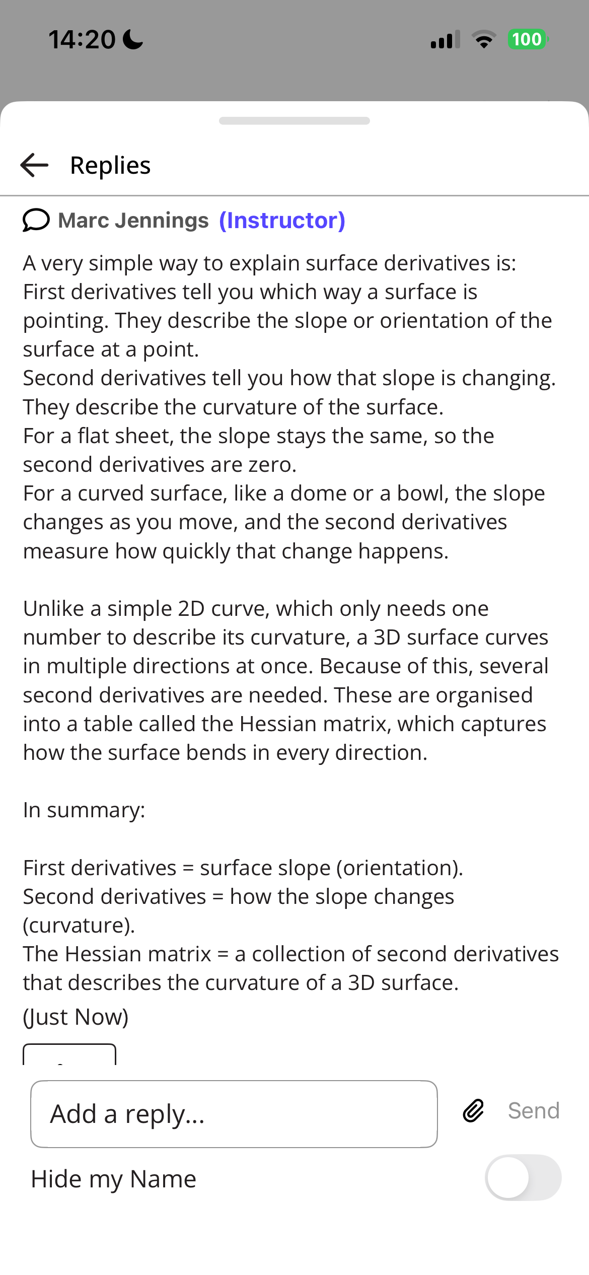 The discussions tab of a class showing a the reply on a discussion post