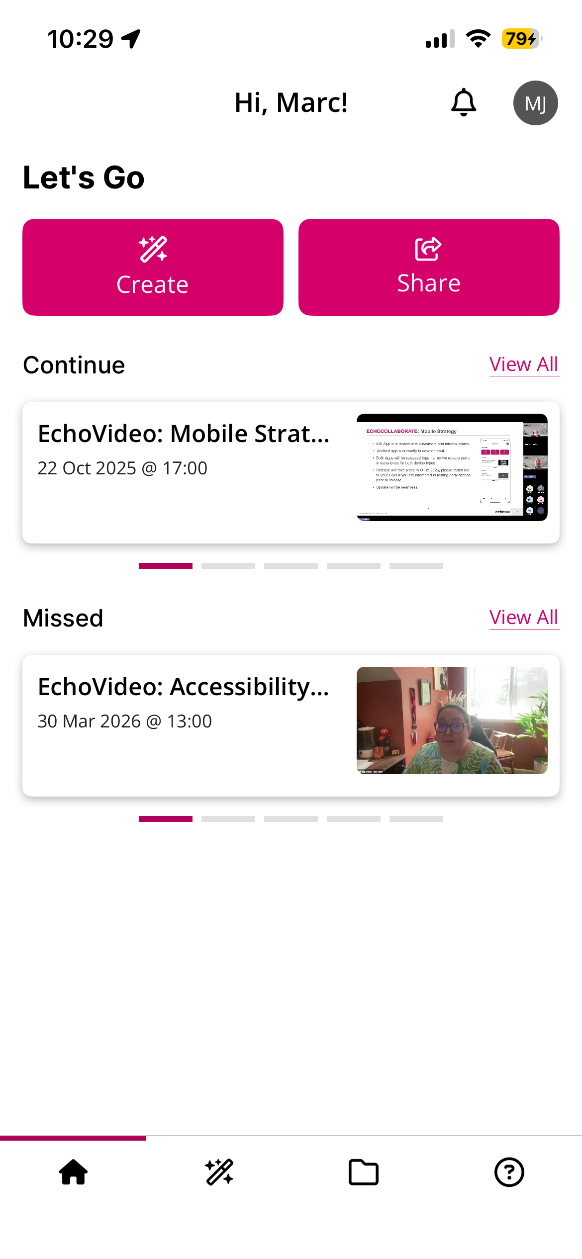 Home screen of the mobile app displaying the Create and Share buttons. You also see the option to Continue media you've started and classes you have missed