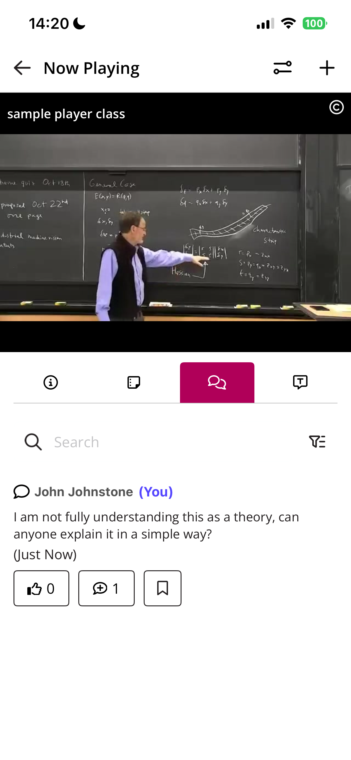 The discussions tab of a class showing a discussion post that has one reply