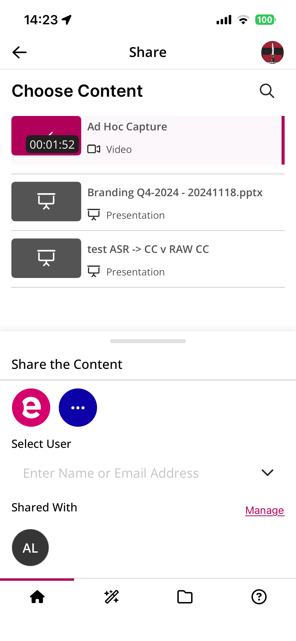 Sharing modal for the selected media showing the option to share to an EchoVideo user, share using your device options, and one person that they media has been shared with
