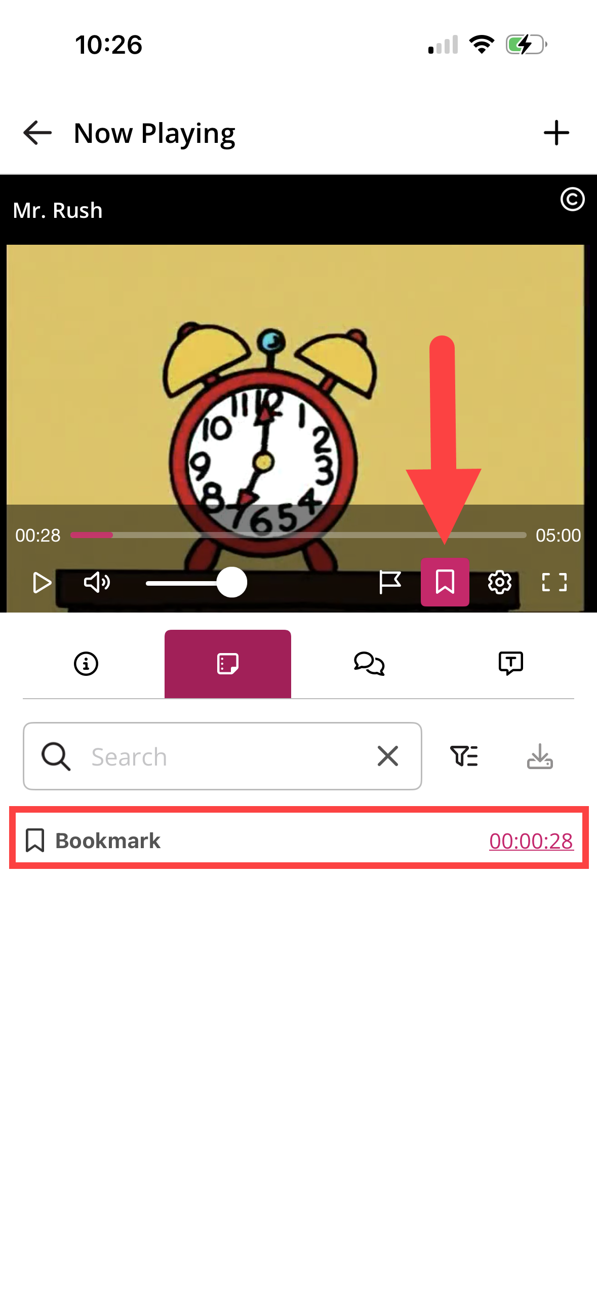 Notes tab showing the Add Bookmark icon and a Bookmark that has been added identified as described