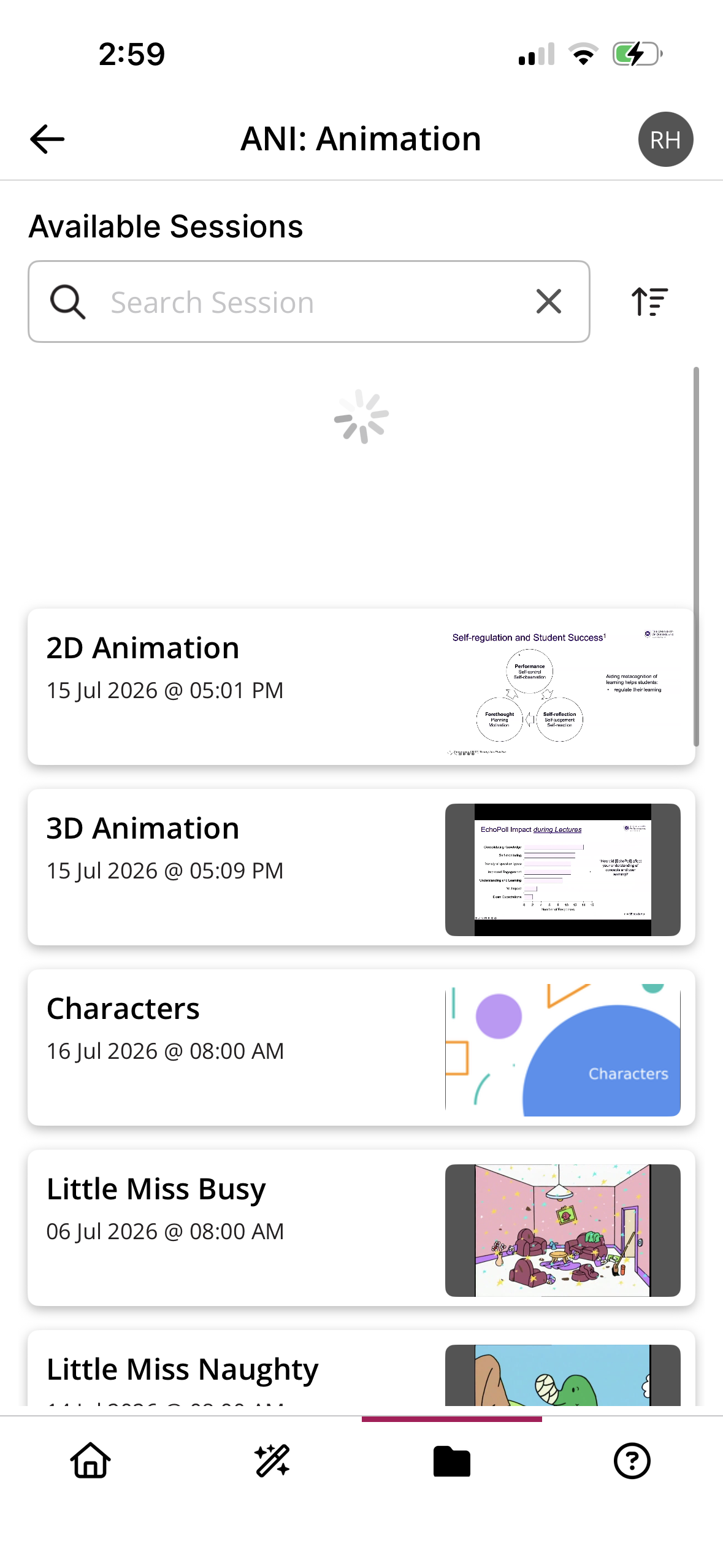 Available Sessions showing the screen pulled down and the refresh icon display as it's working to refresh the content