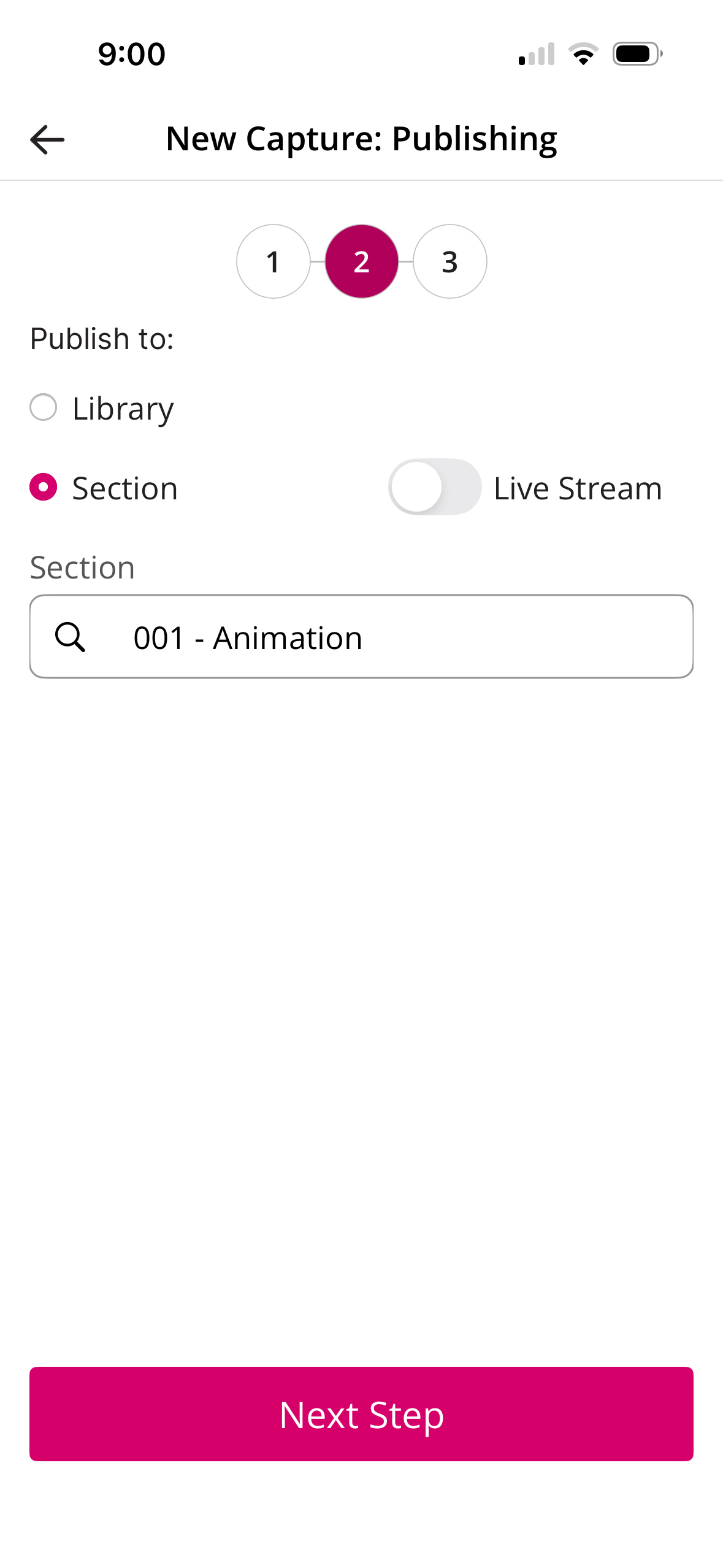 New Capture Publishing modal showing available options populated as described