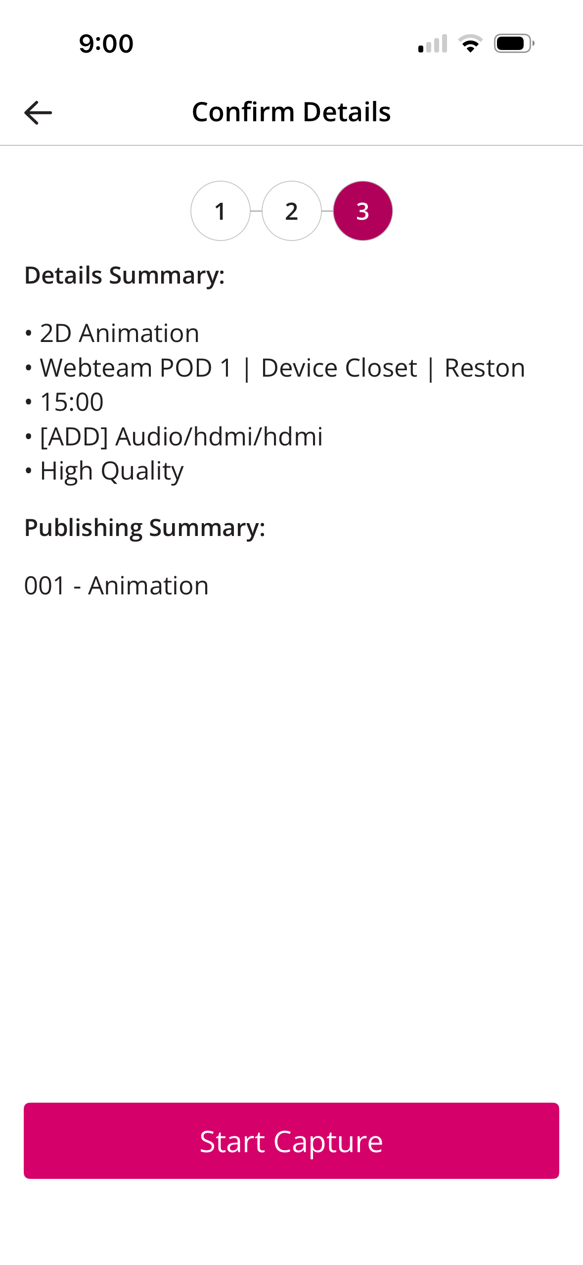 Confirm Details modal showing Details Summary as described