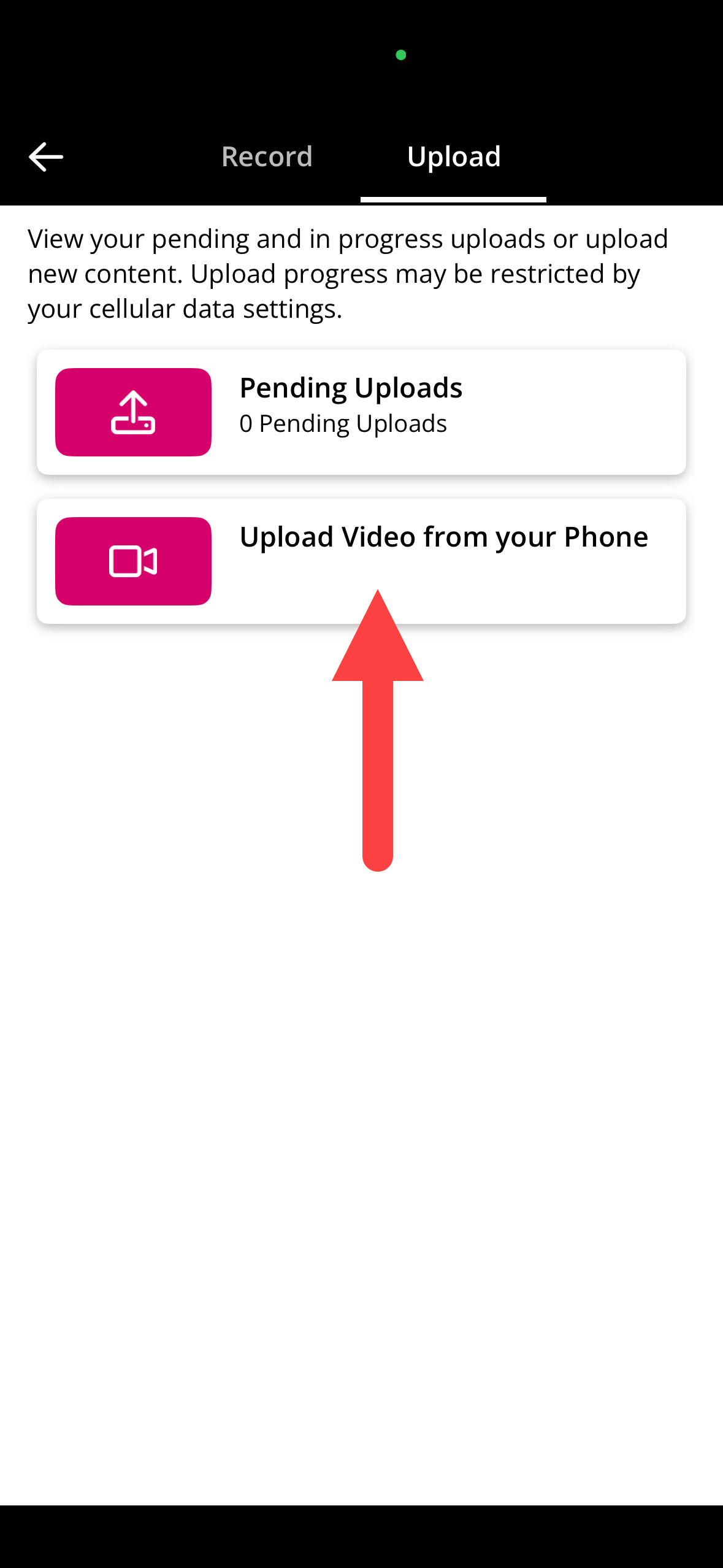Upload modal showing Upload Video from your Phone identified as described
