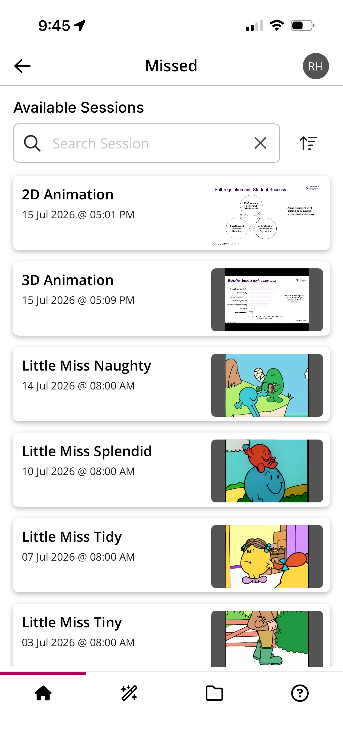 Missed sessions after clicking View All from the Home page with Available Sessions displayed as described