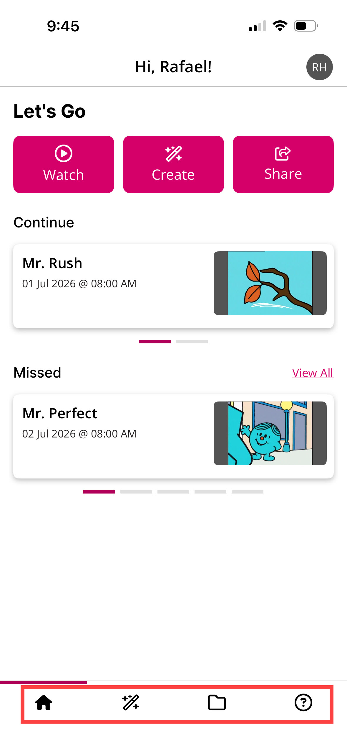 Home Screen with the Navigation Menu options identified as described