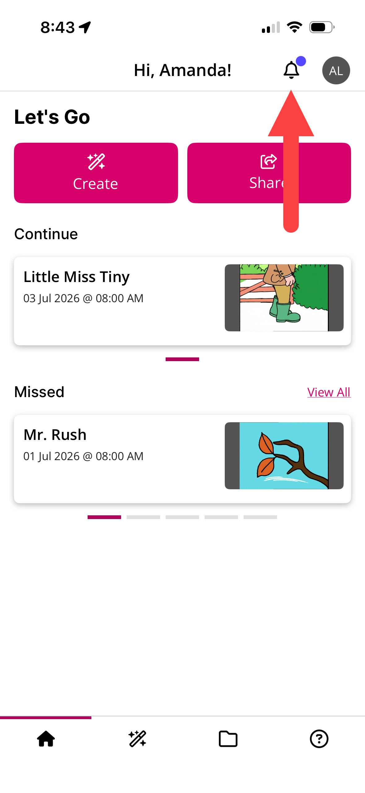 Home page of the mobile app with the Notifications icon identified as described