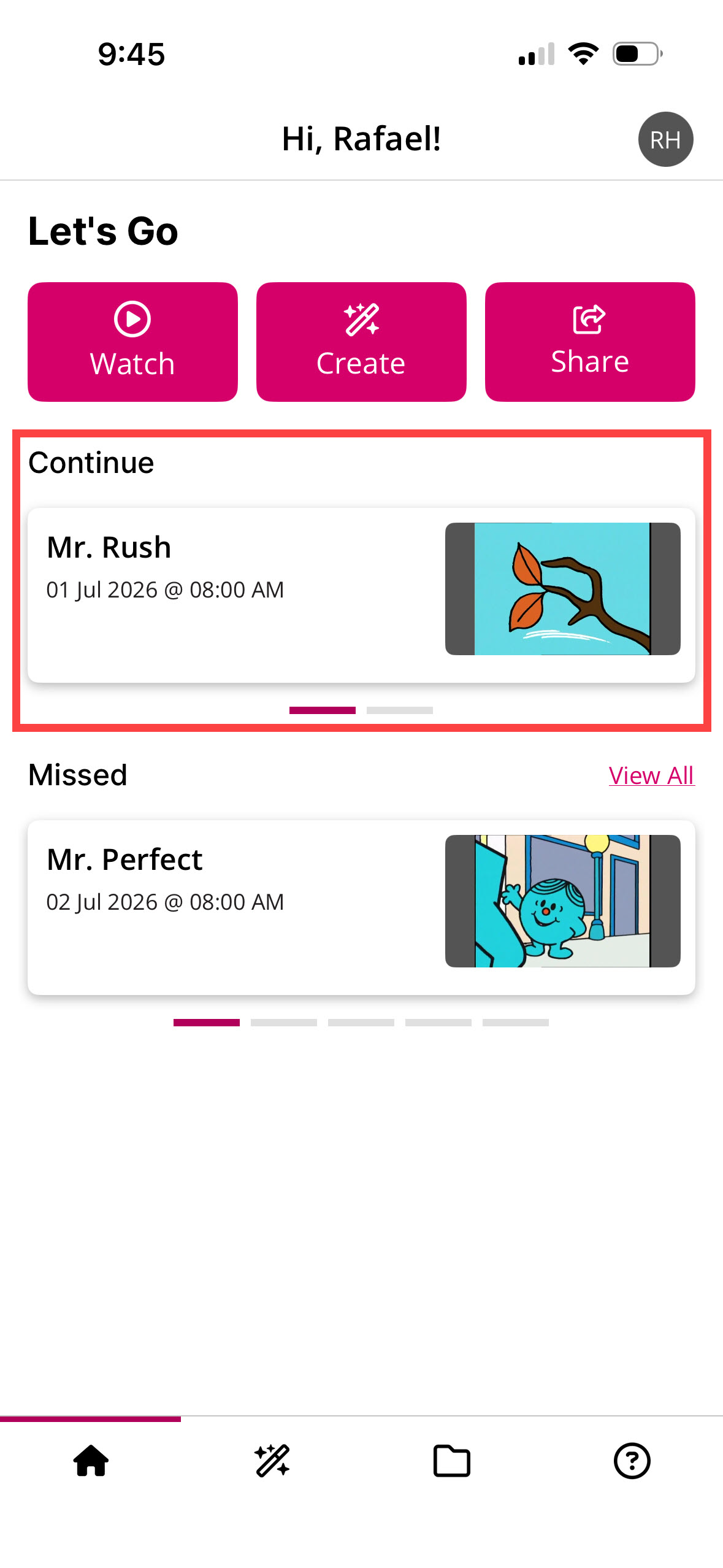 Continue section of the Home Page identified as described