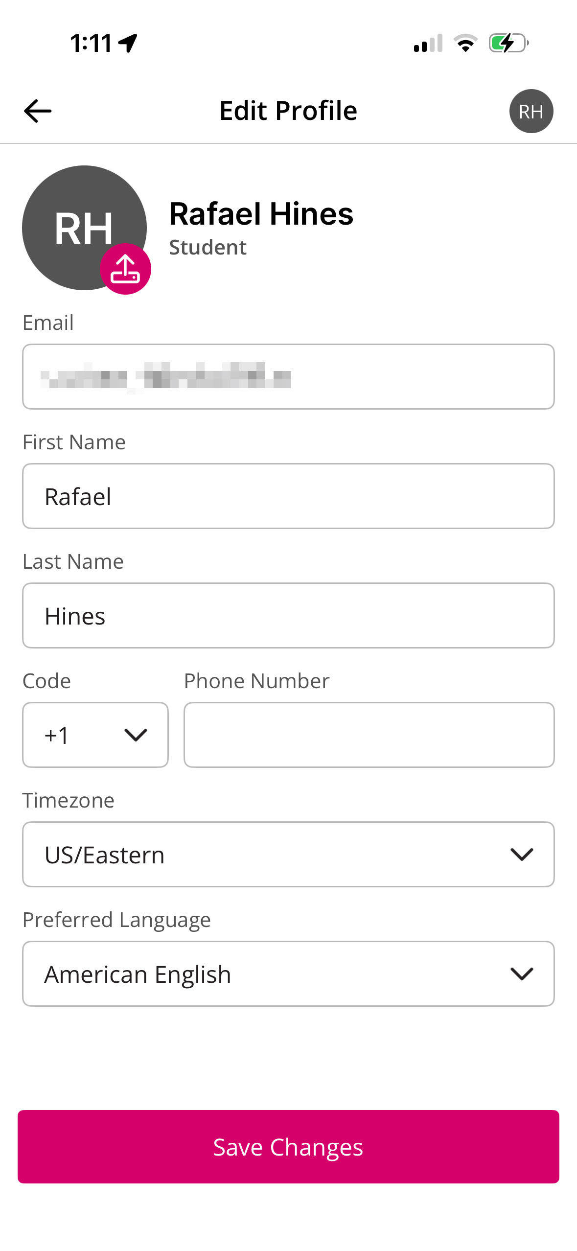 Edit Profile screen showing information that can be edited as described