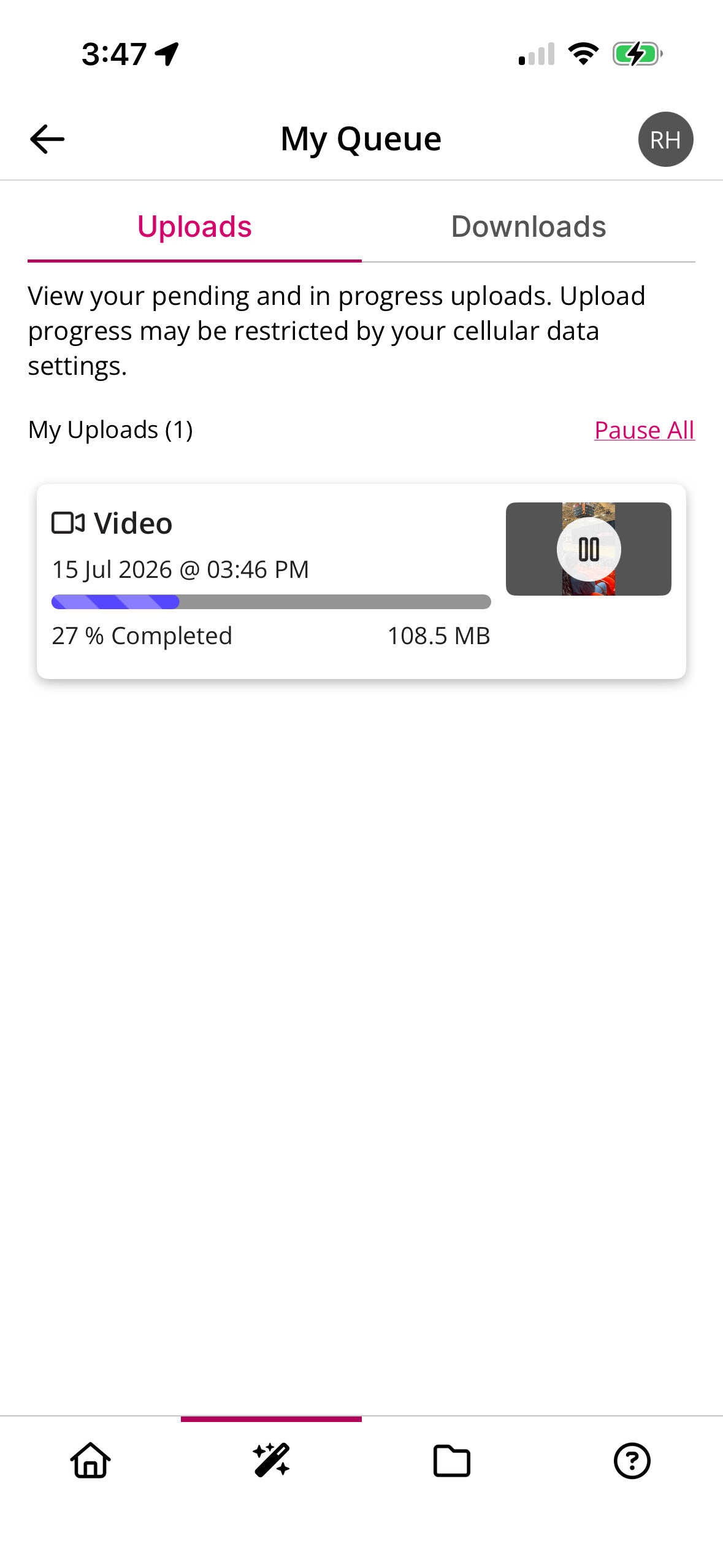 My Queue screen showing an upload in progress as described