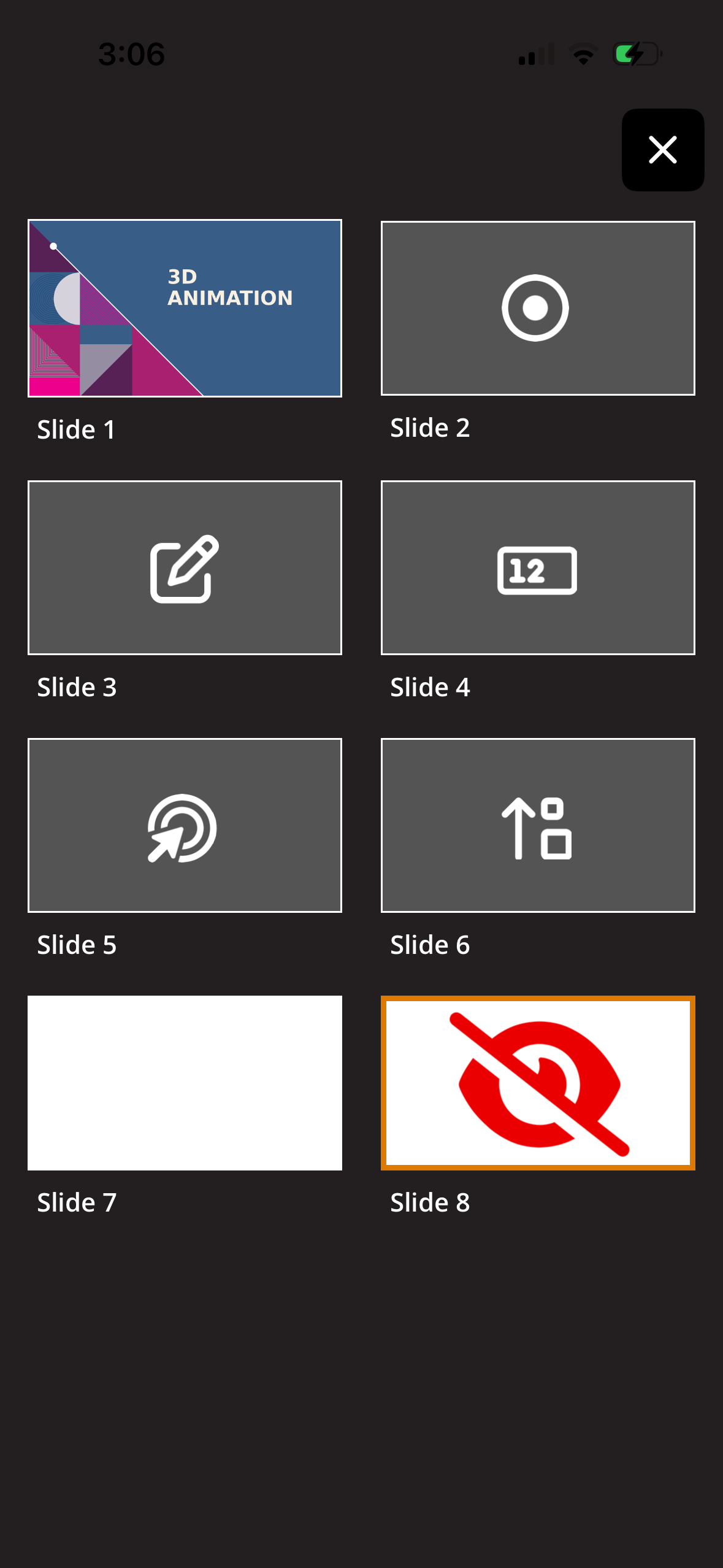 Thumbnail preview of the slides with a hidden slide as described