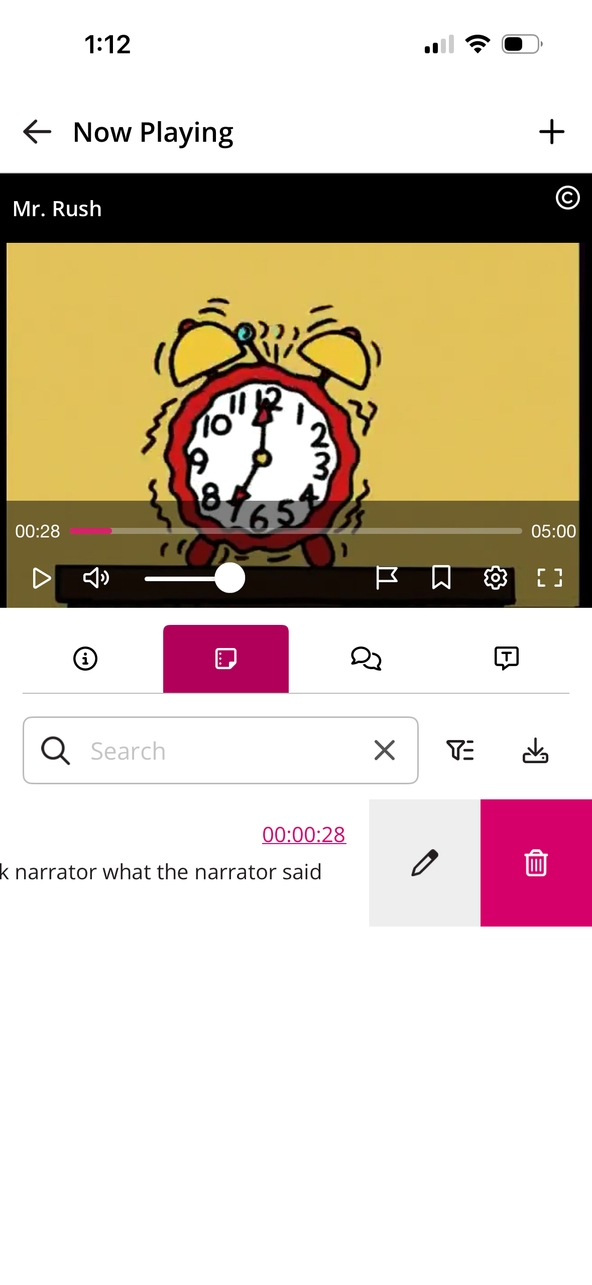 A note that has been swiped left showing the Edit and Delete options as described