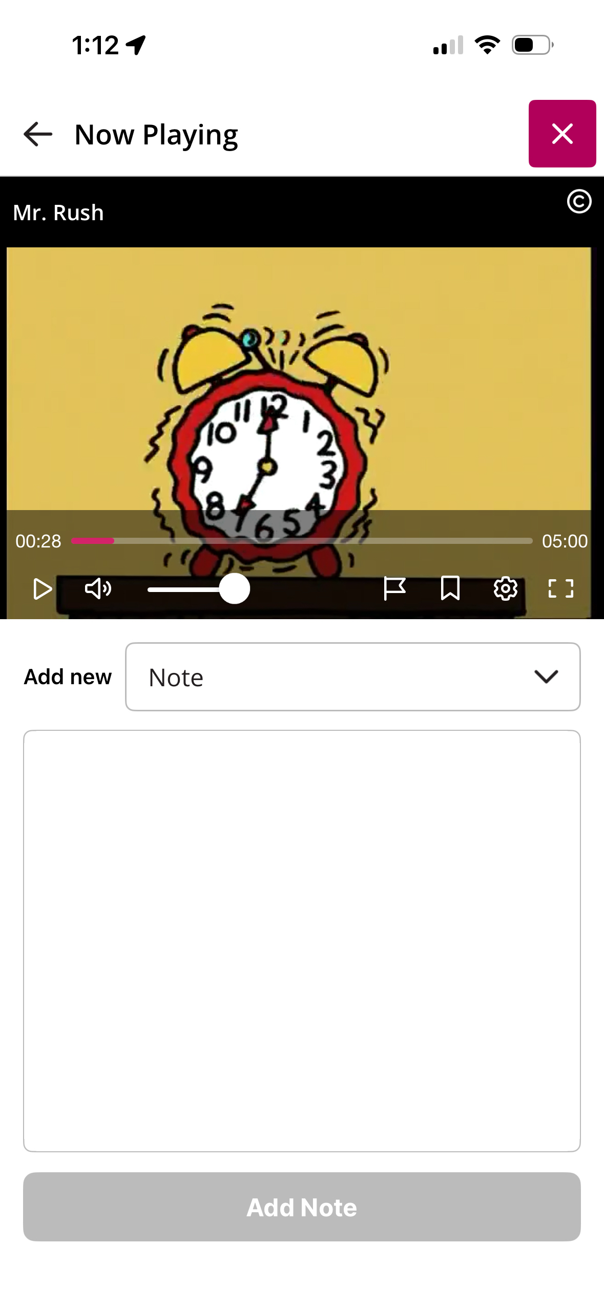 Add New Note screen with options identified as described