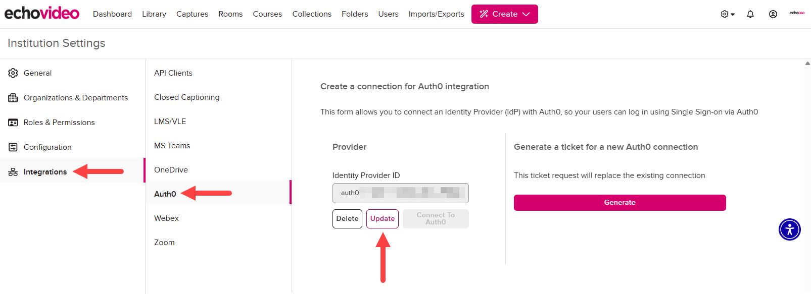 Auth0 integration page with Update button identified as described