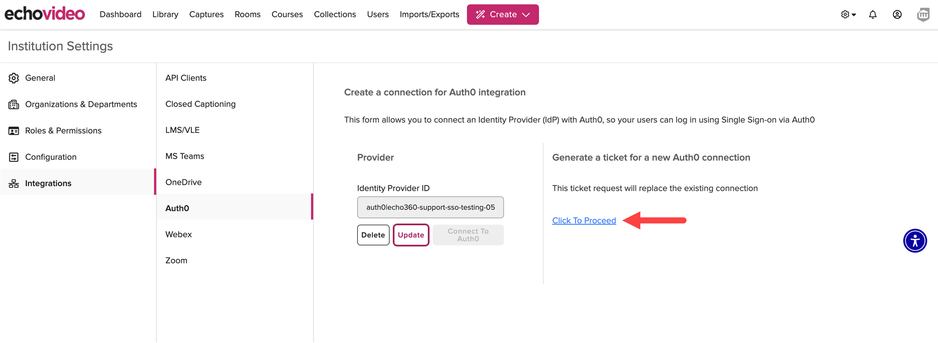 Auth0 integration page with Click To Proceed link identified as described