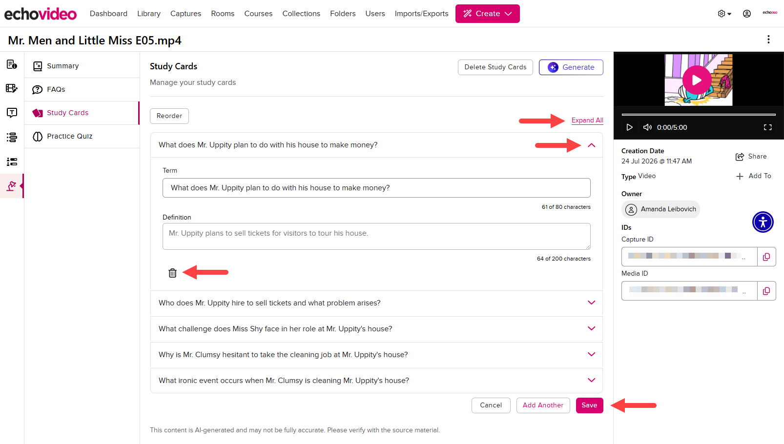 The Study Cards tab with Expand All, question caret, Delete icon, and Save button identified as described