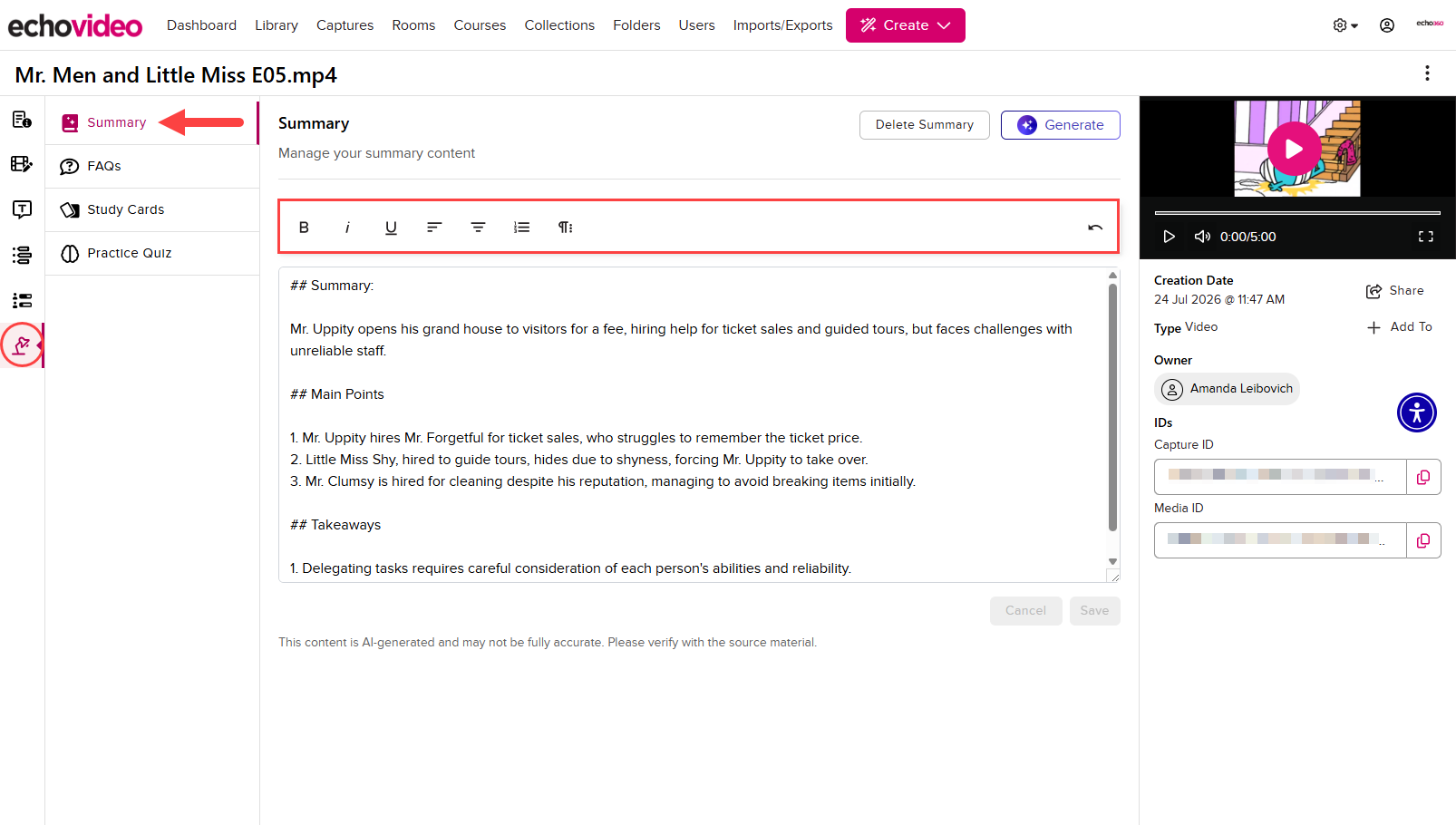The Study Aids Summary tab and the Rich Text Editor identified as described
