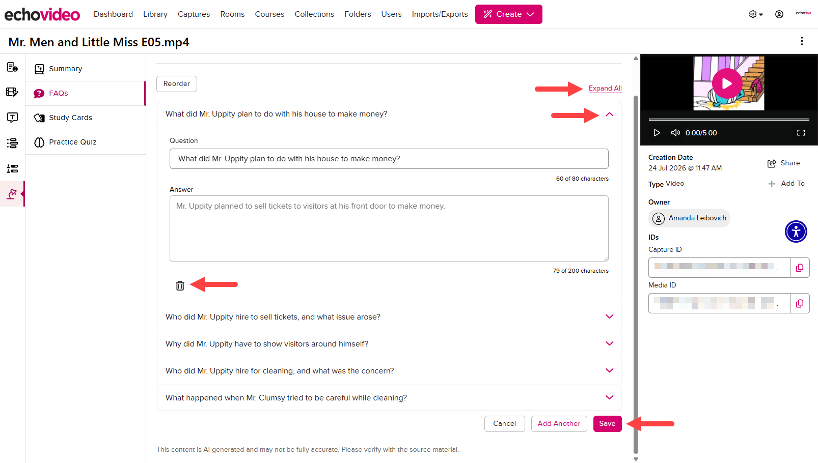 The FAQs tab with Expand All, question caret, Delete icon, and Save button identified as described