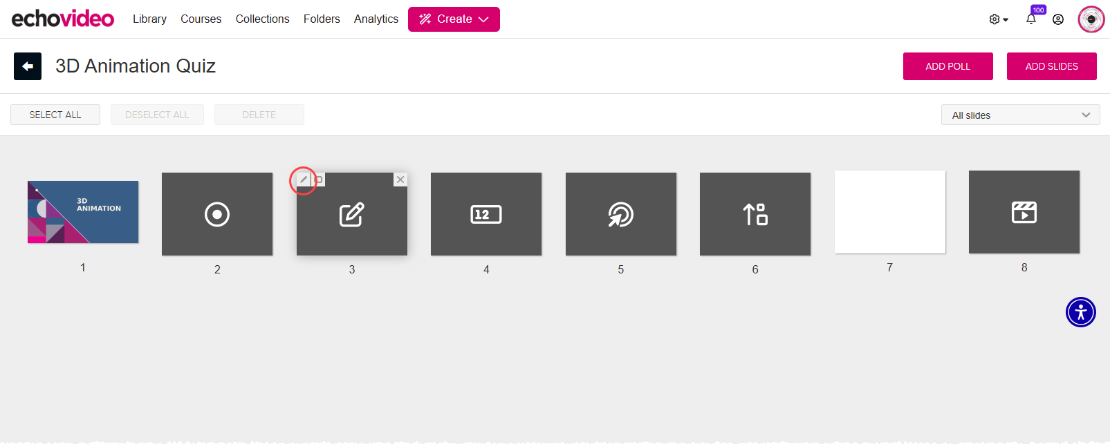 Presentation editor showing slides and edit polling slide icon circled and identified as described