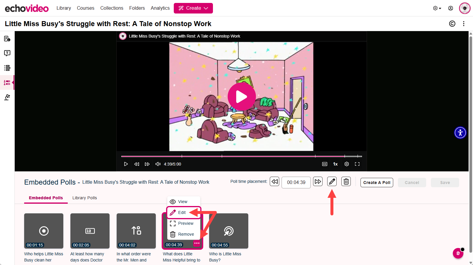 Interactive media editor with embedded poll selected and poll menu open with edit command identified as described