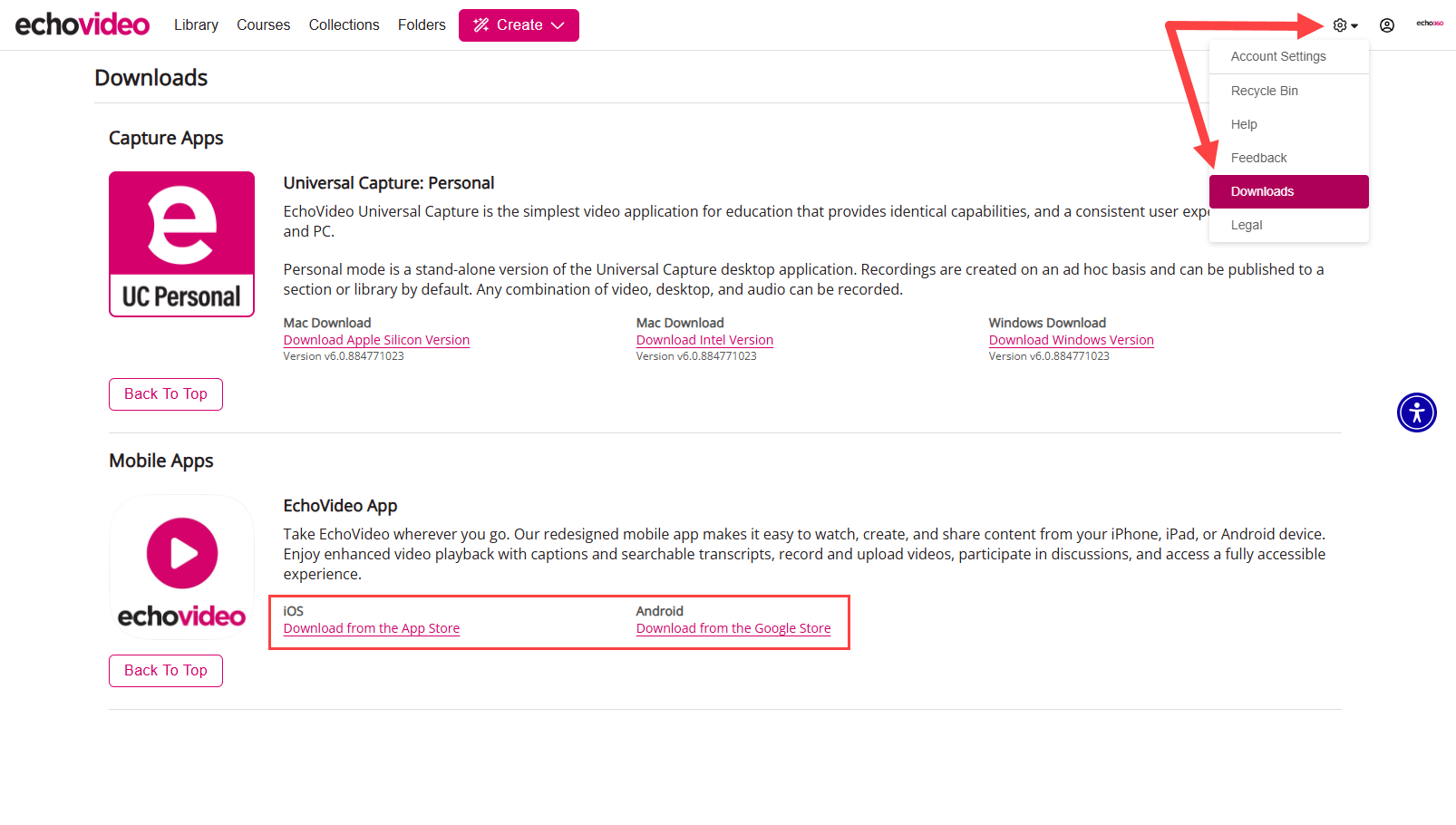 EchoVideo Downloads pages with the links to download the mobile apps identified as described