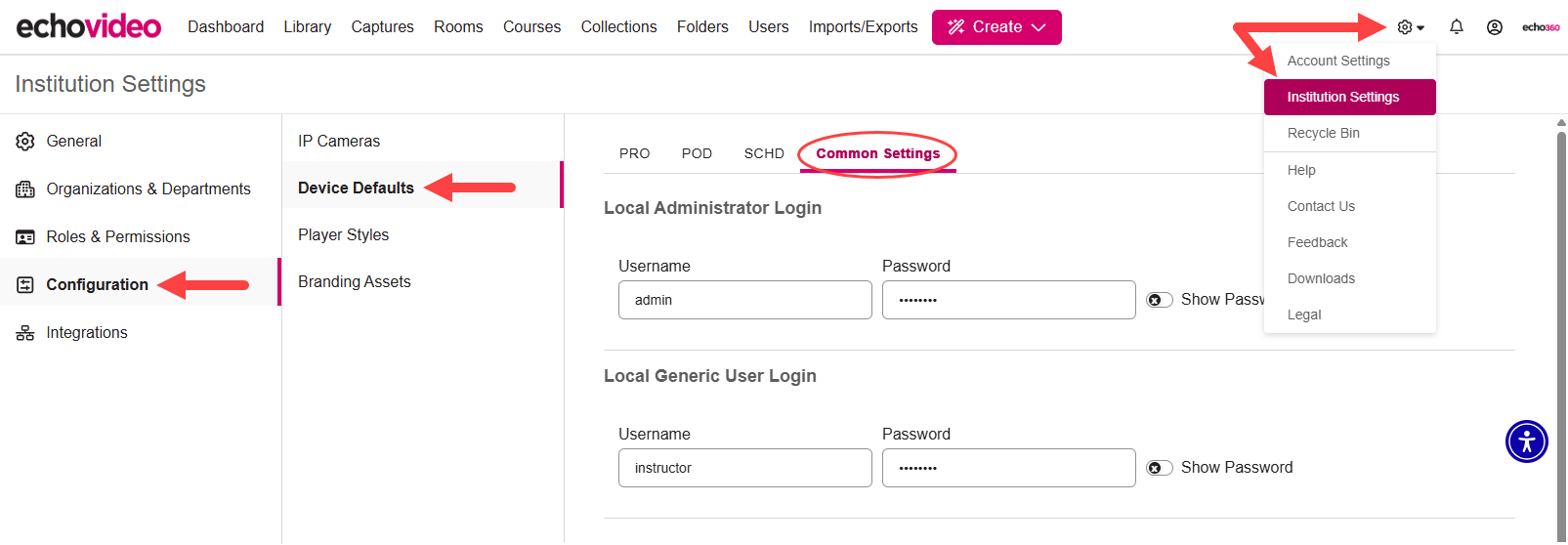 device default configurations showing common settings page as described