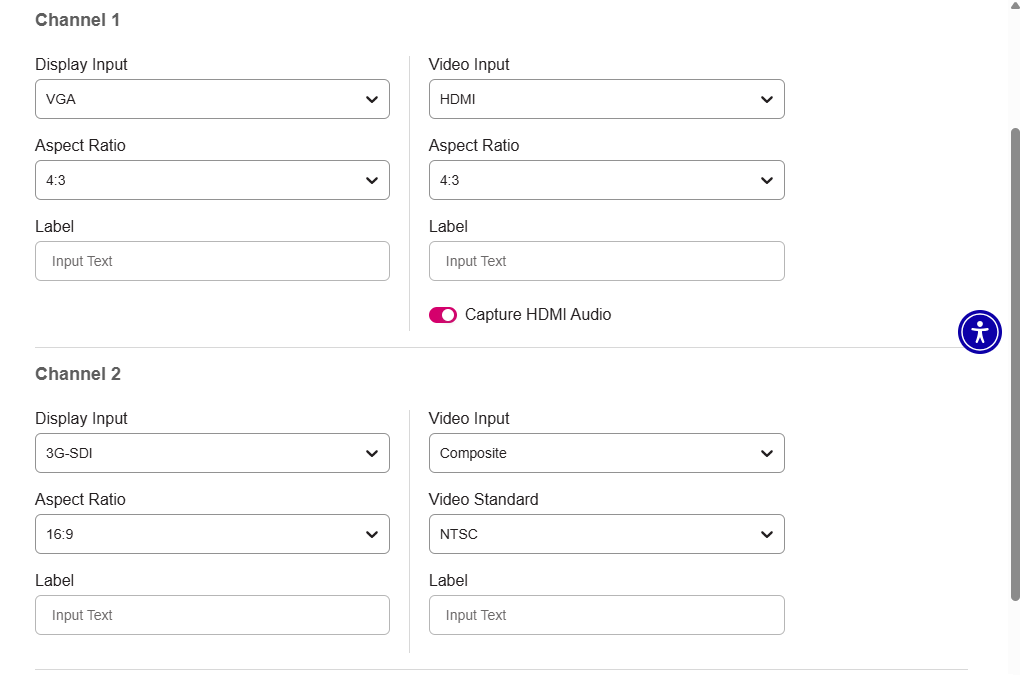 PRO device configuration channel inputs showing all possible selections as described