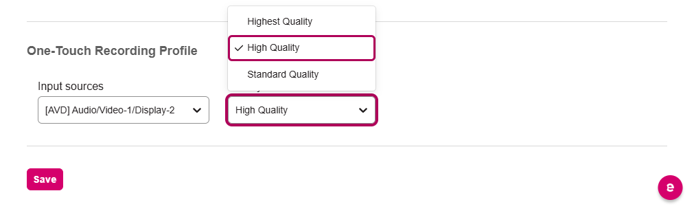 one touch recording profile section of device configuration page as described