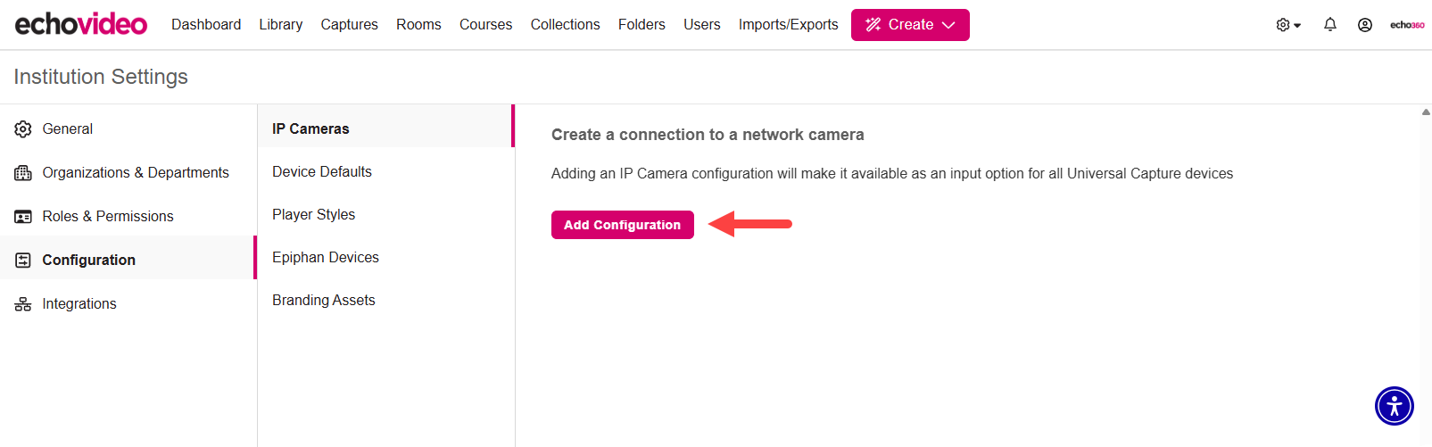 Configurations page with IP Camera tab shown and Add Configuration button
