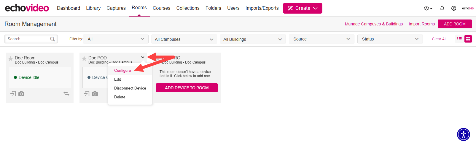 device menu with configure option identified as described