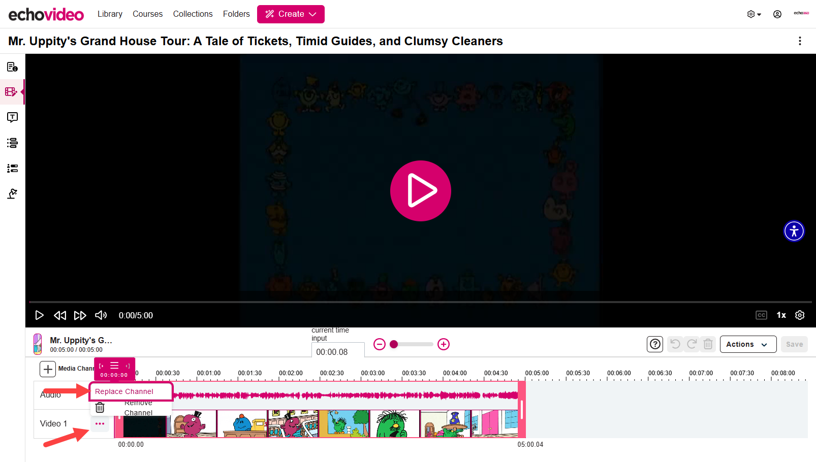 Menu button for Video 1 channel identified and open showing remove and replace channel options for selection as described