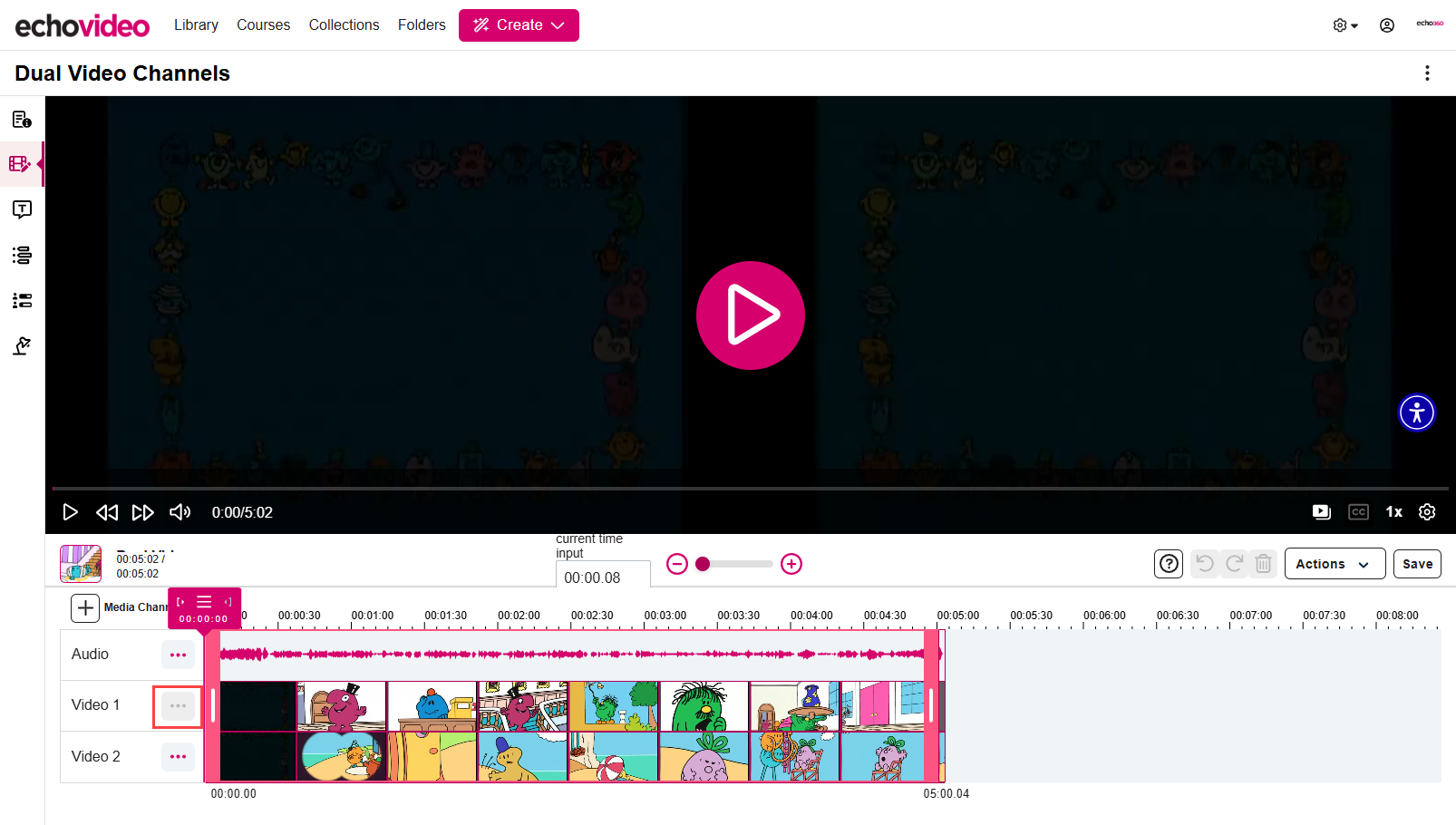 Video editor window with video channel menu button not available for selection and visual indicator shown in the form of the cursor pointer changed to prohibited icon as described