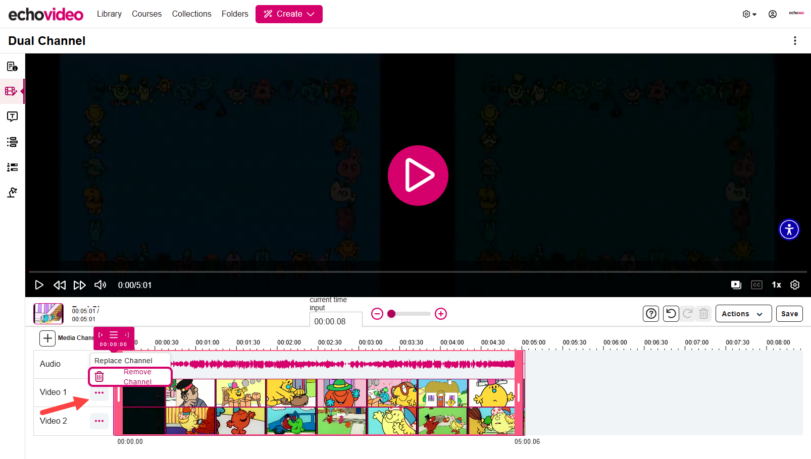 Menu button for Video 1 track identified and open showing remove and replace track options for selection as described