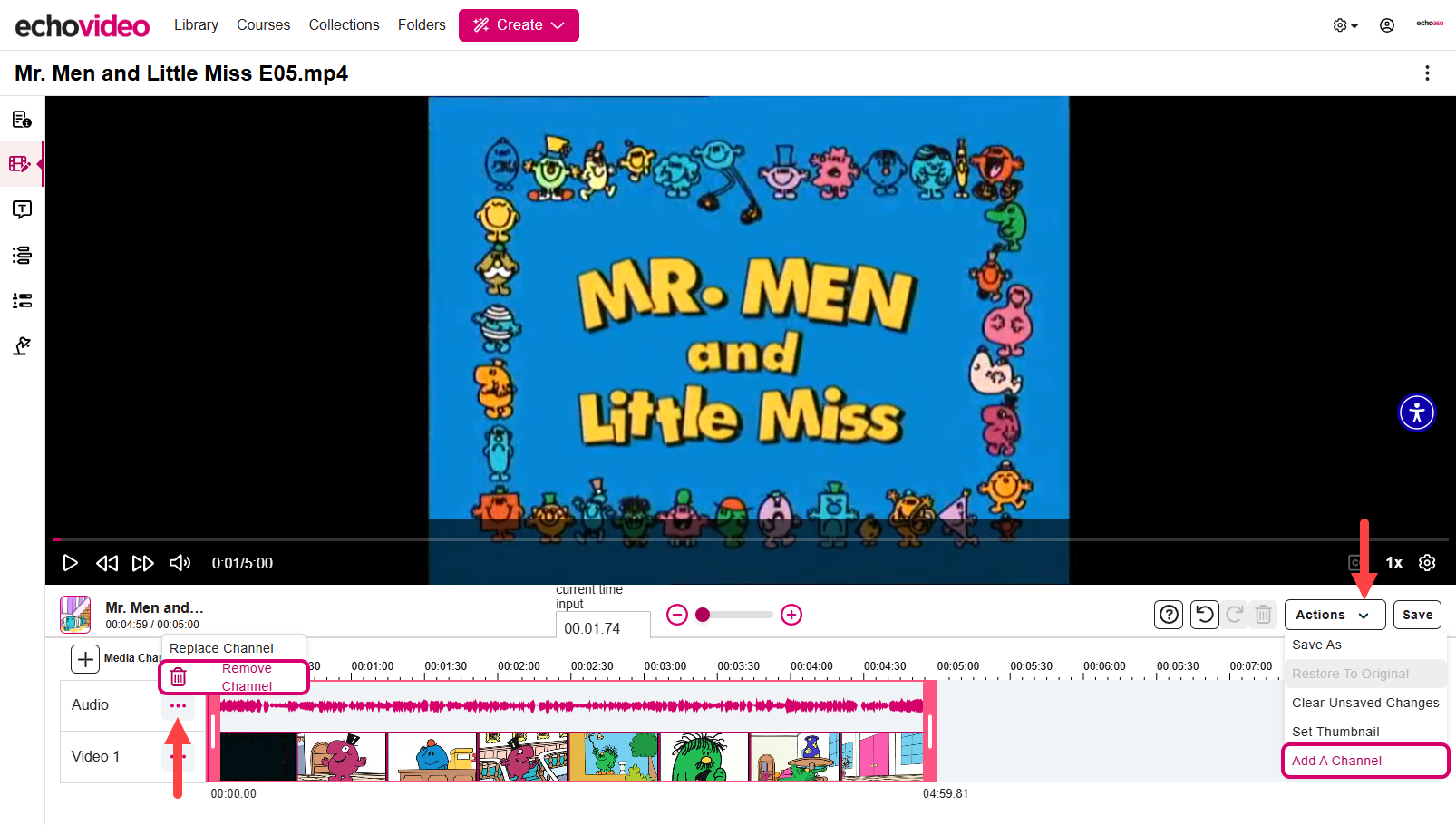 Composite image of the video editor with the Actions menu open showing the Add a Track command and the video 1 track menu open showing the Replace Track and Remove Track commands as described