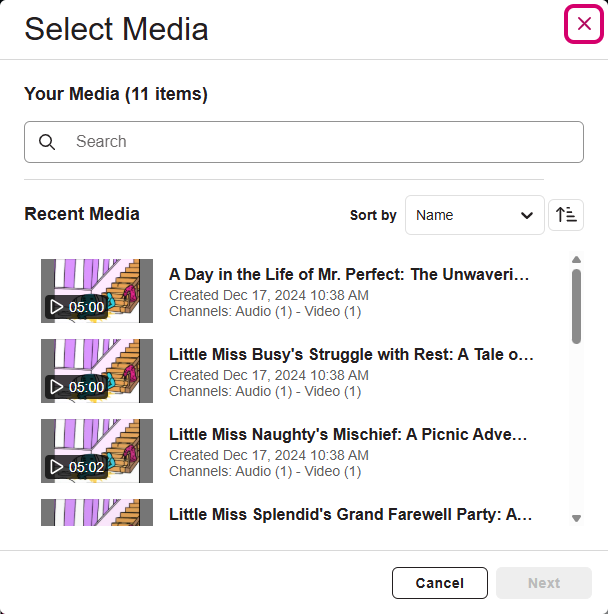 Select media list with library media listed for selection and Next and Cancel buttons provided for selection as described