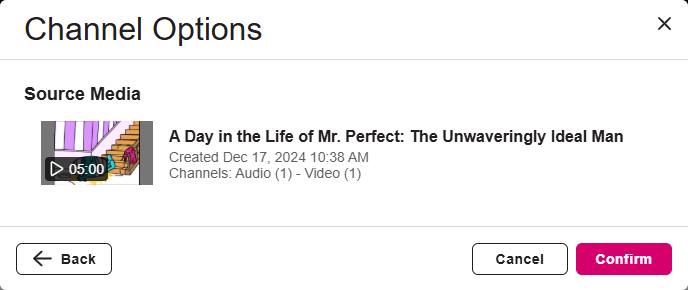 Confirmation dialog box for adding the audio track from a selected video to the original media with Confirm and Cancel and Back buttons provided for selection as described