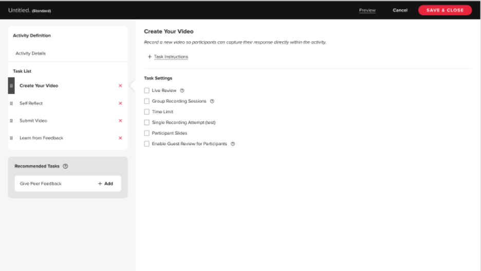 Activity Editor showing the activity details, tasks, and task settings in a single workspace as described